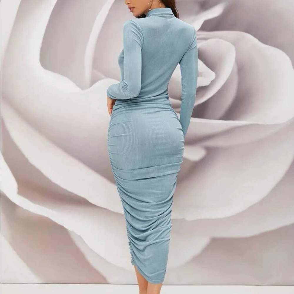 Button front Ruched Ribbed-Bodycon Dress - Picture 2 of 7